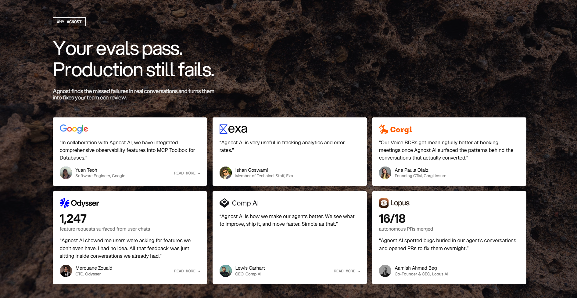 Screenshot of testimonials agnost ai