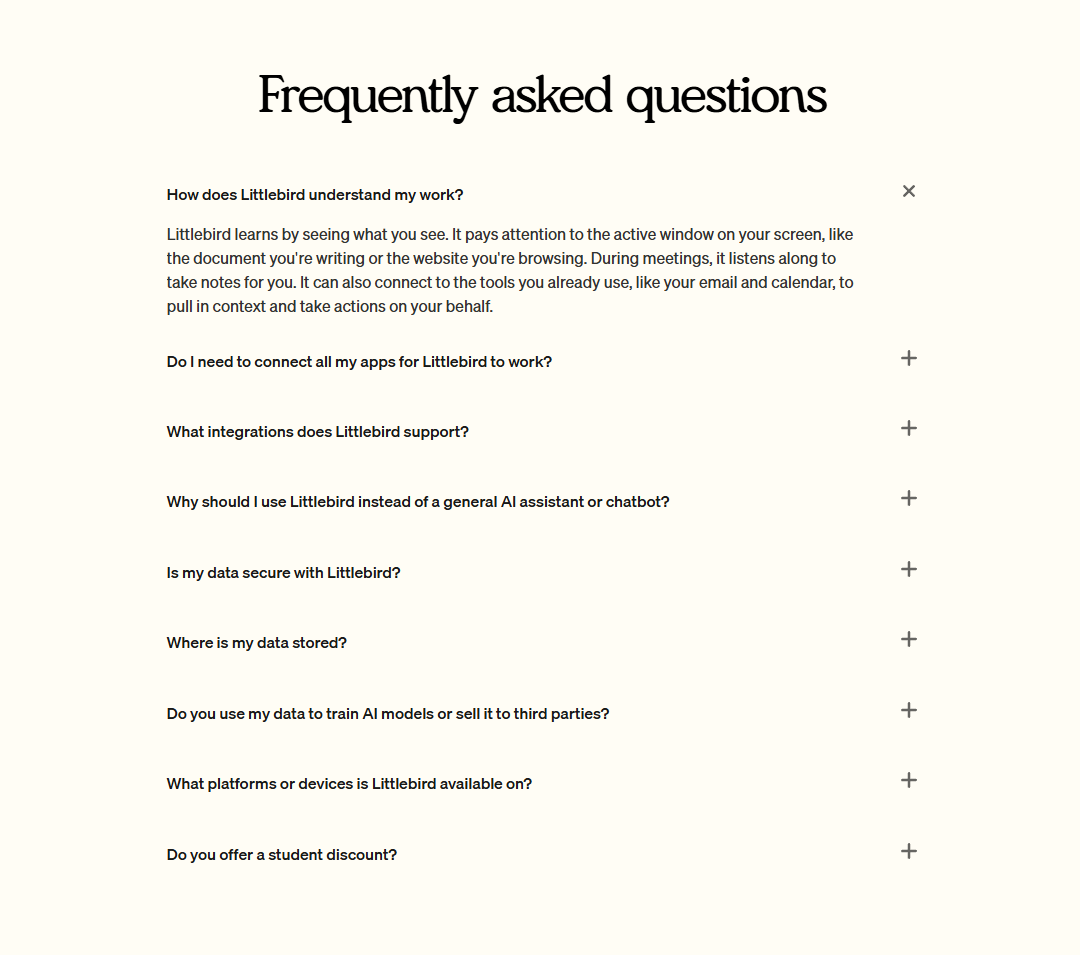 Screenshot of faq littlebird