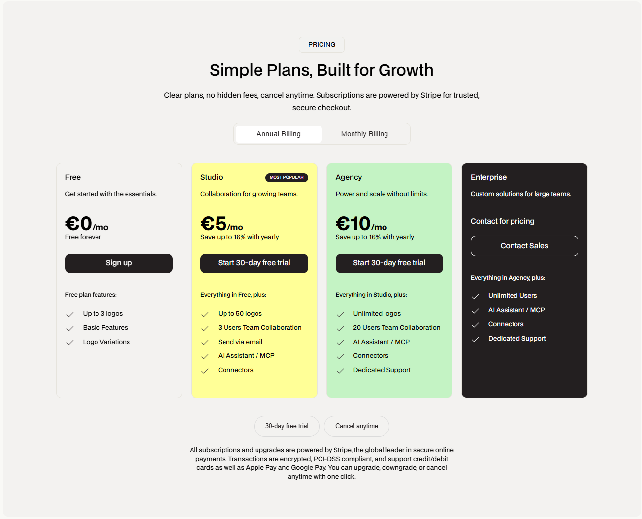 Screenshot of pricing sinqlo