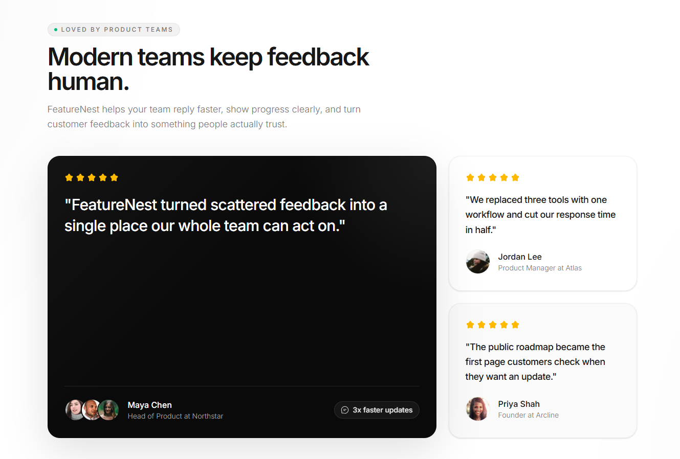 Screenshot of testimonials feature nest