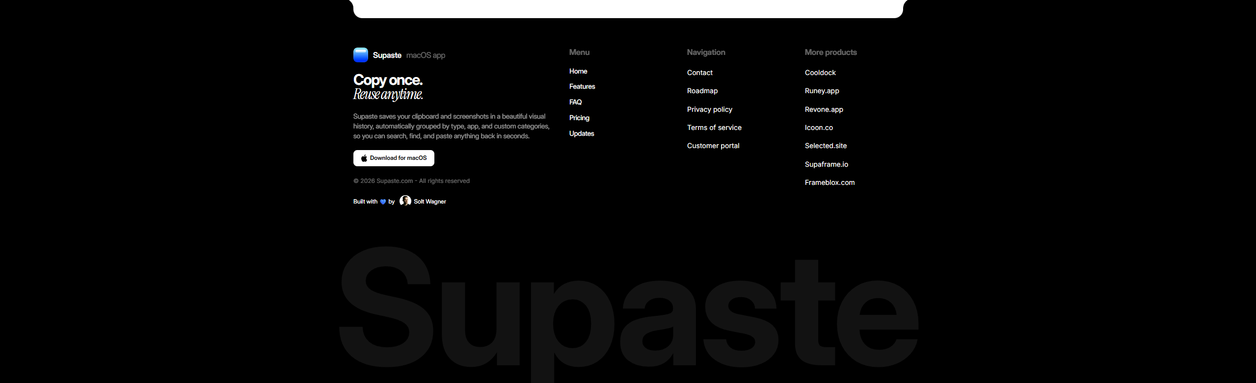Screenshot of footer supaste