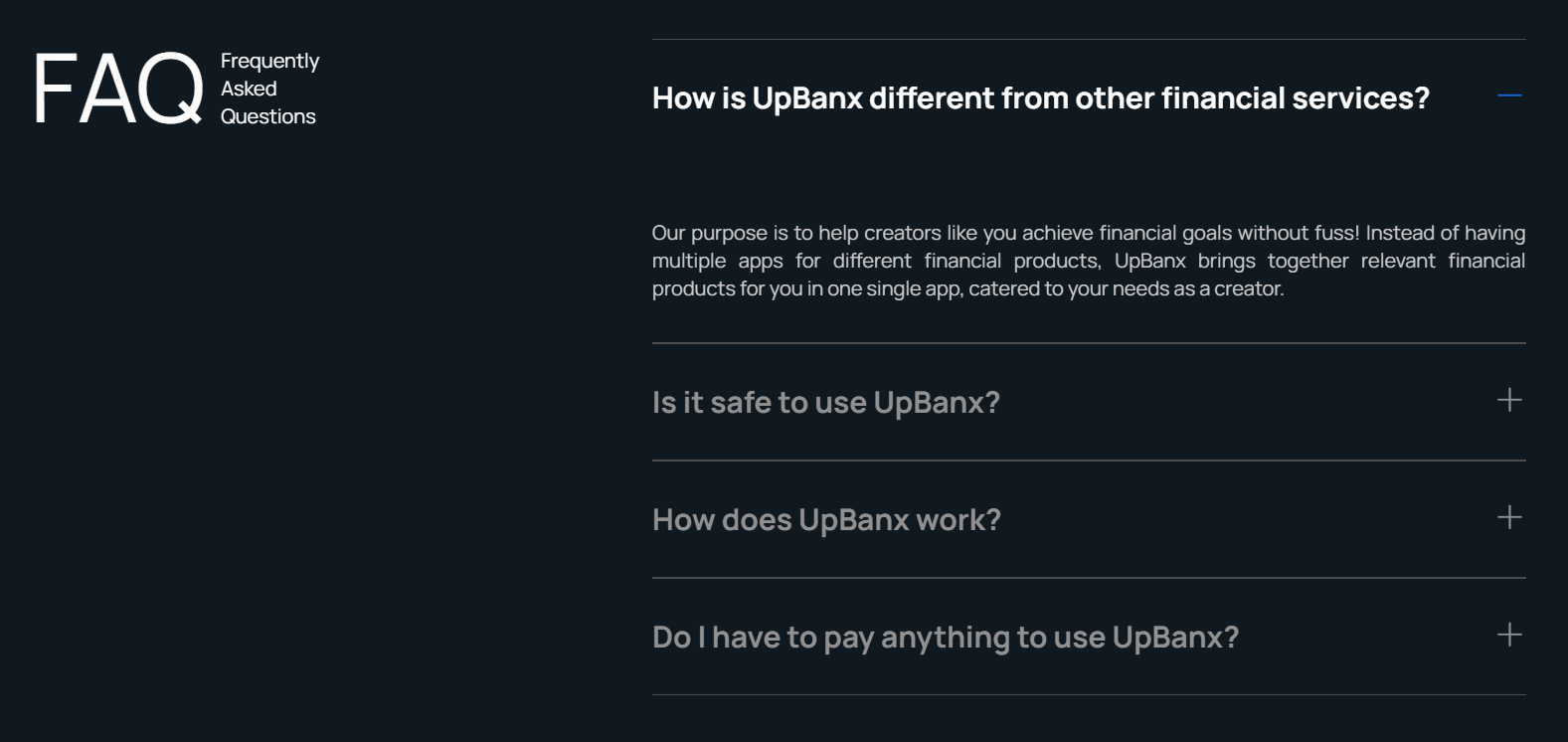 Screenshot of faq upbanx