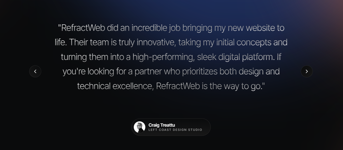 Screenshot of testimonials refract web