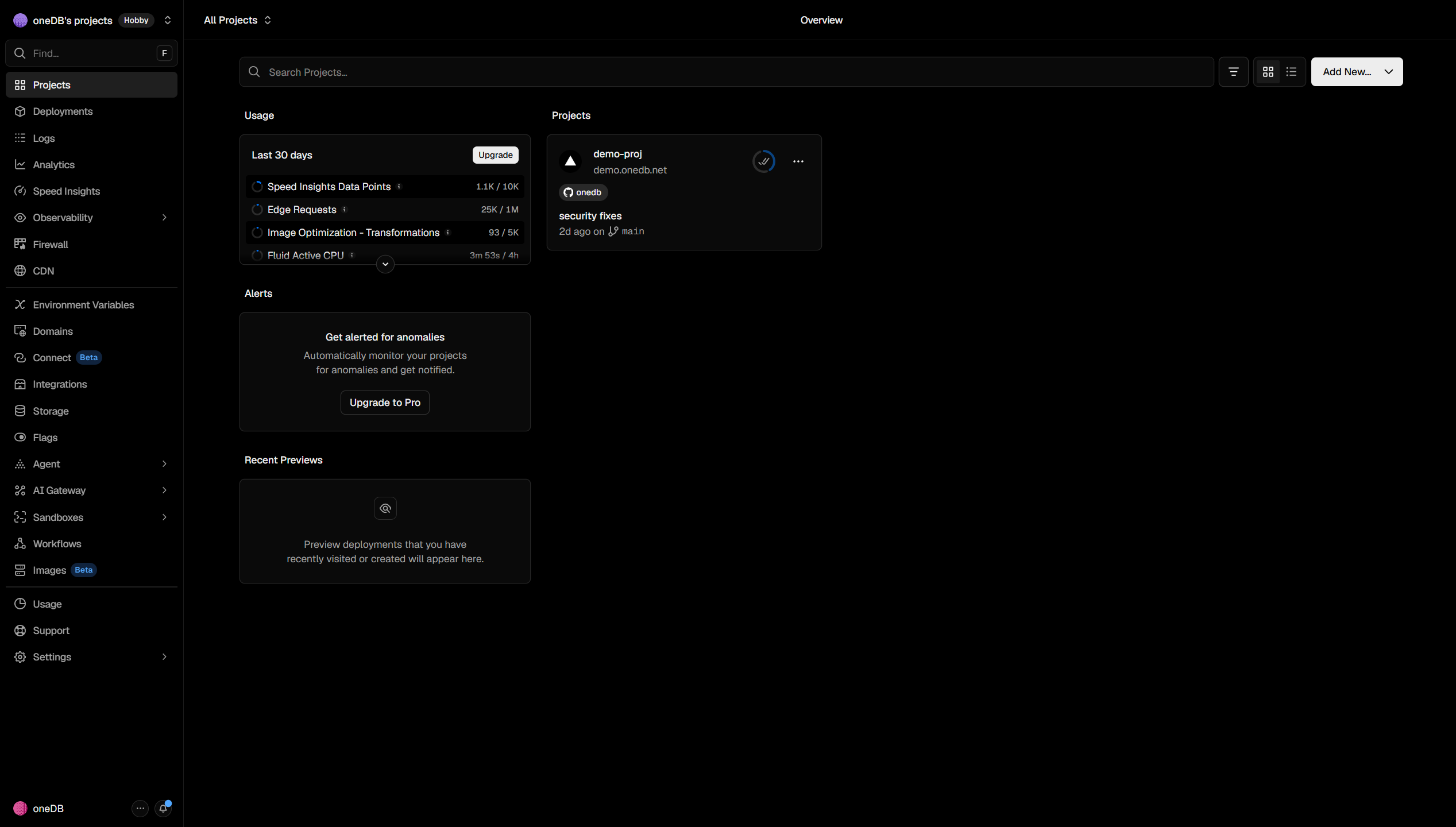 Screenshot of dashboard vercel