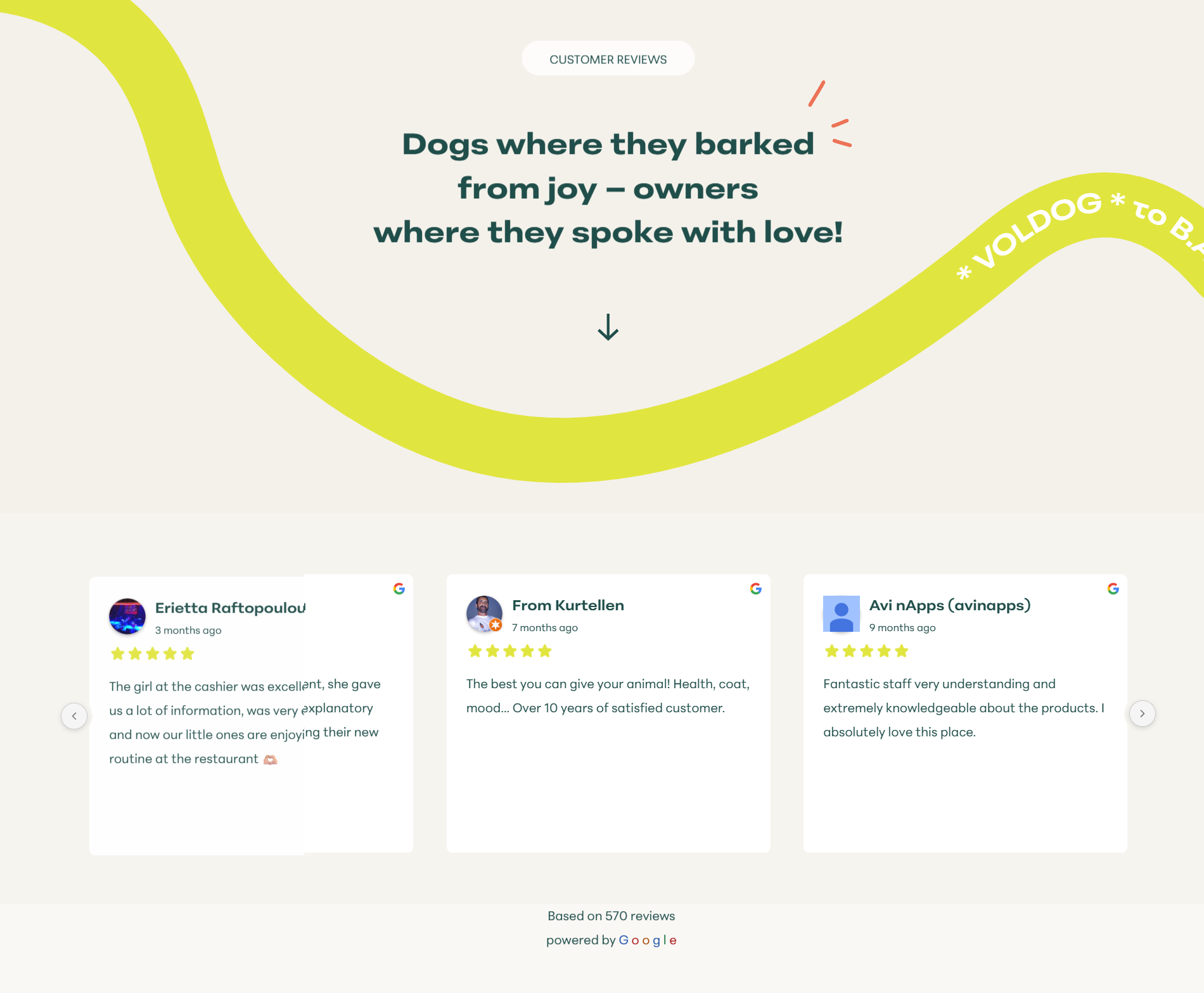 Screenshot of testimonials voldog food