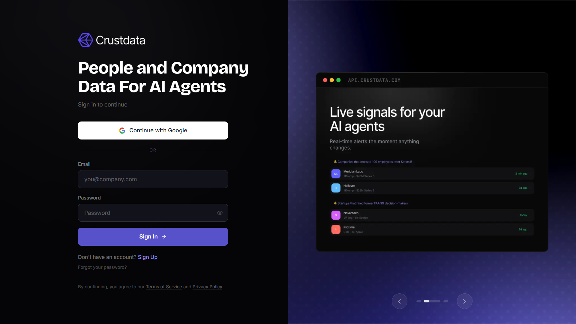 Screenshot of auth crustdata