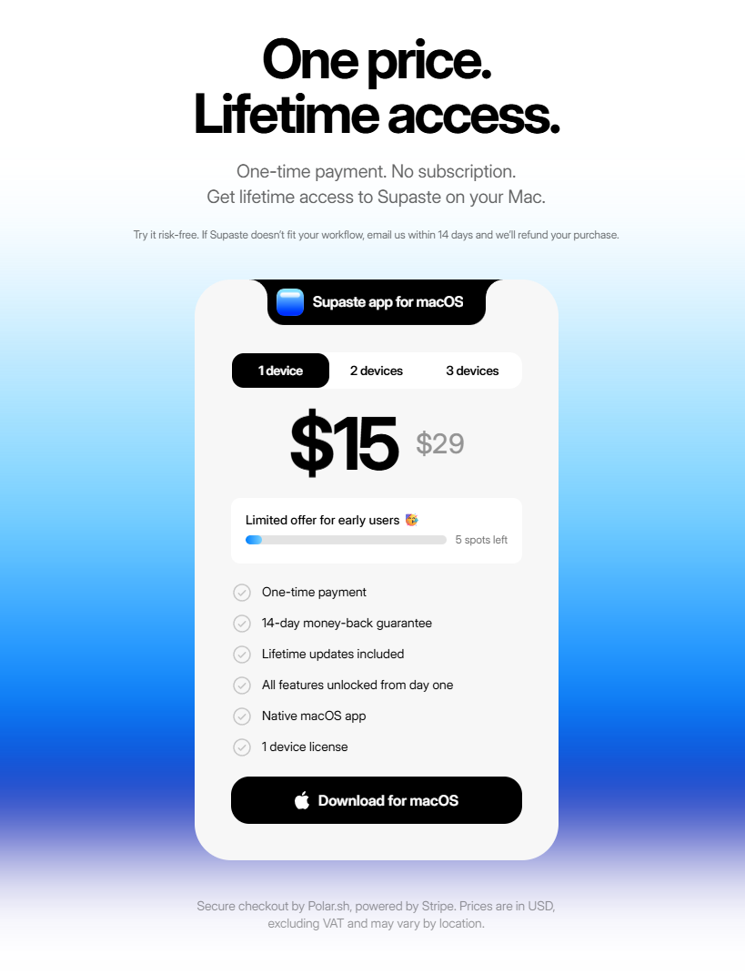 Screenshot of pricing supaste