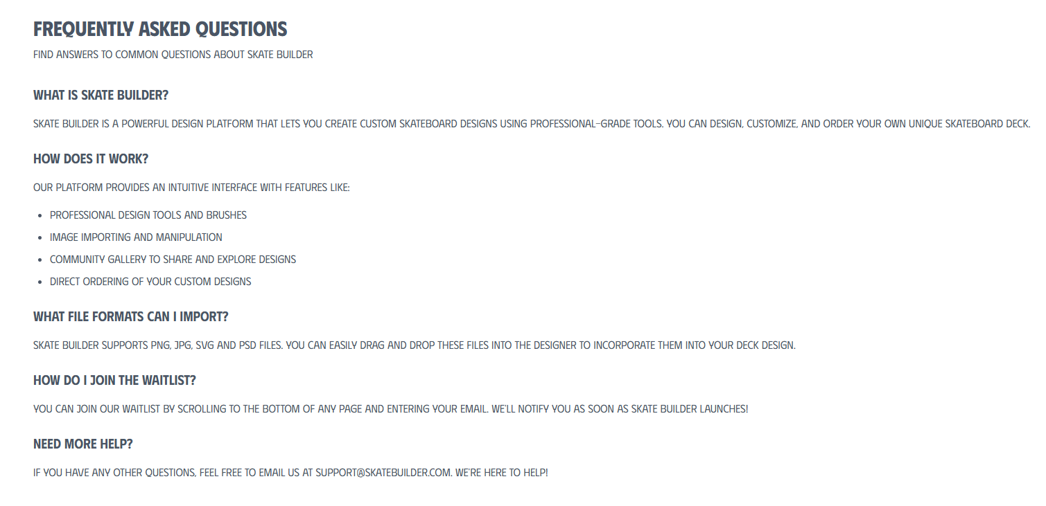 Screenshot of faq skatebuilder