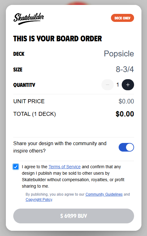 Screenshot of pricing skatebuilder