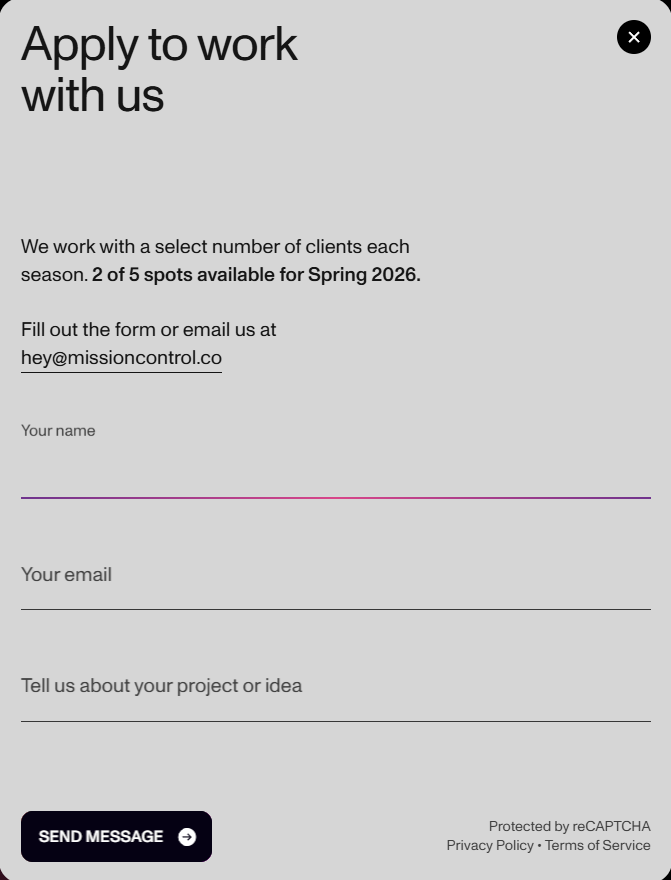 Screenshot of forms mission control