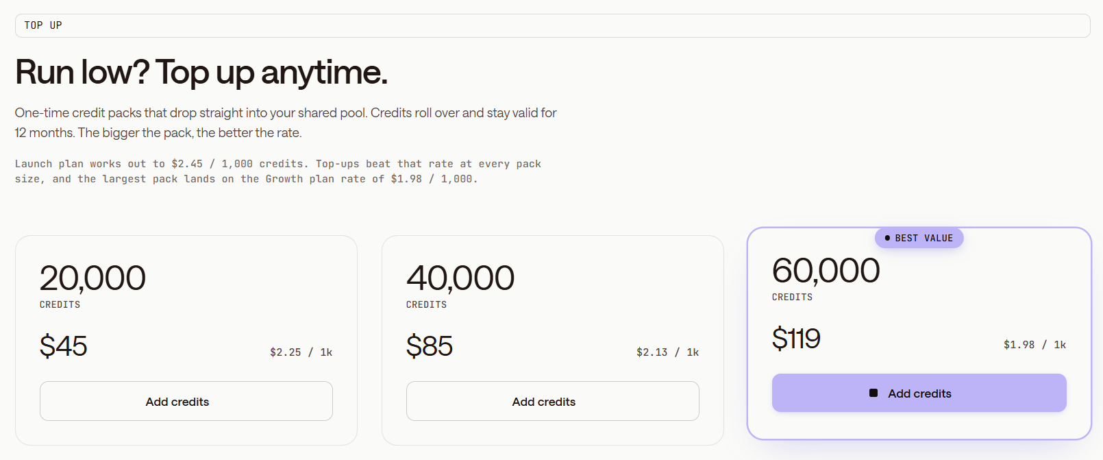 Screenshot of pricing zaro
