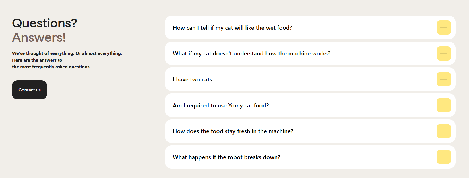 Screenshot of faq yomy care