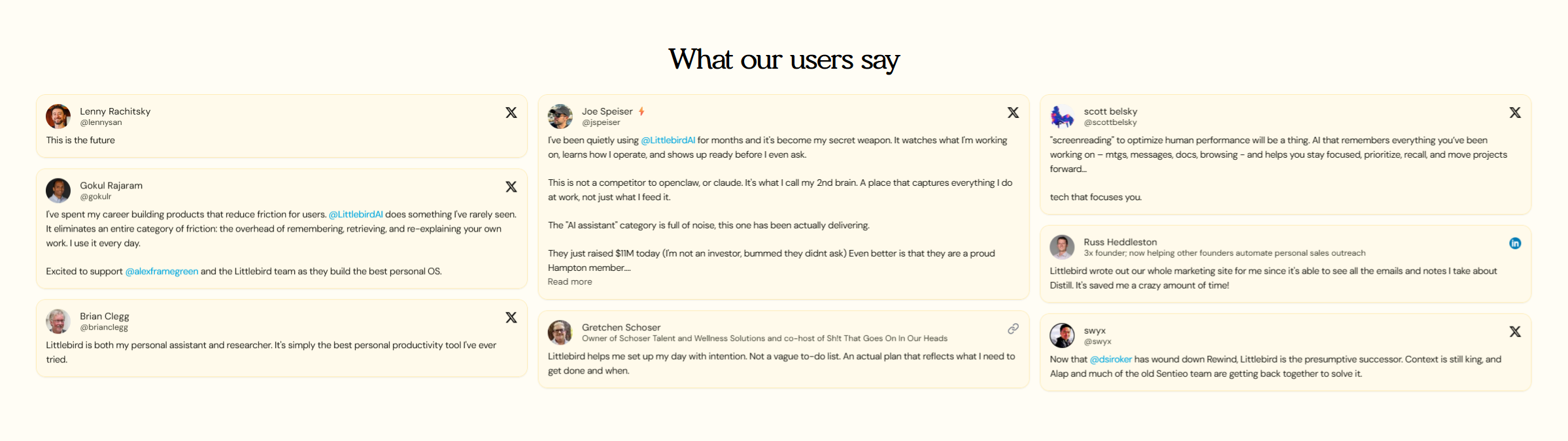 Screenshot of testimonials littlebird