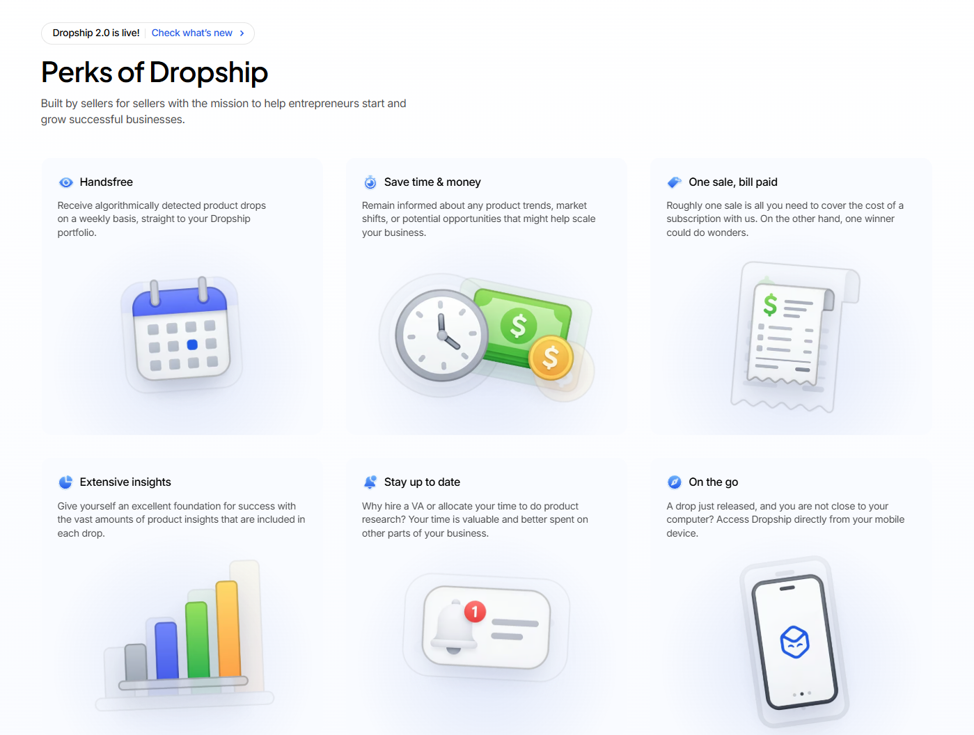 Screenshot of features dropship