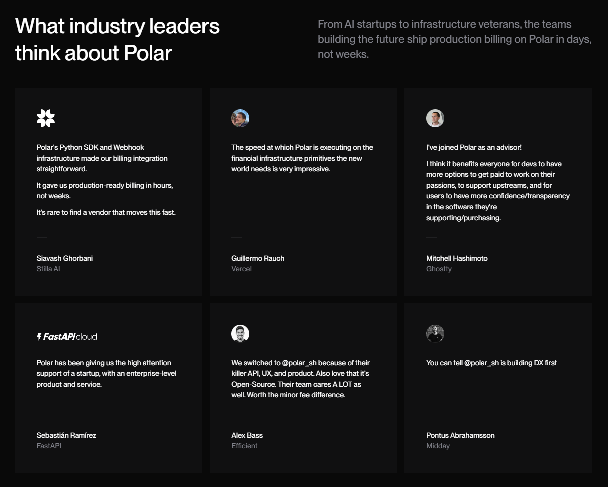 Screenshot of testimonials polar