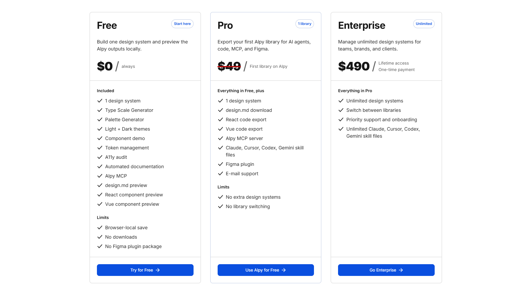 Screenshot of pricing alpy studio