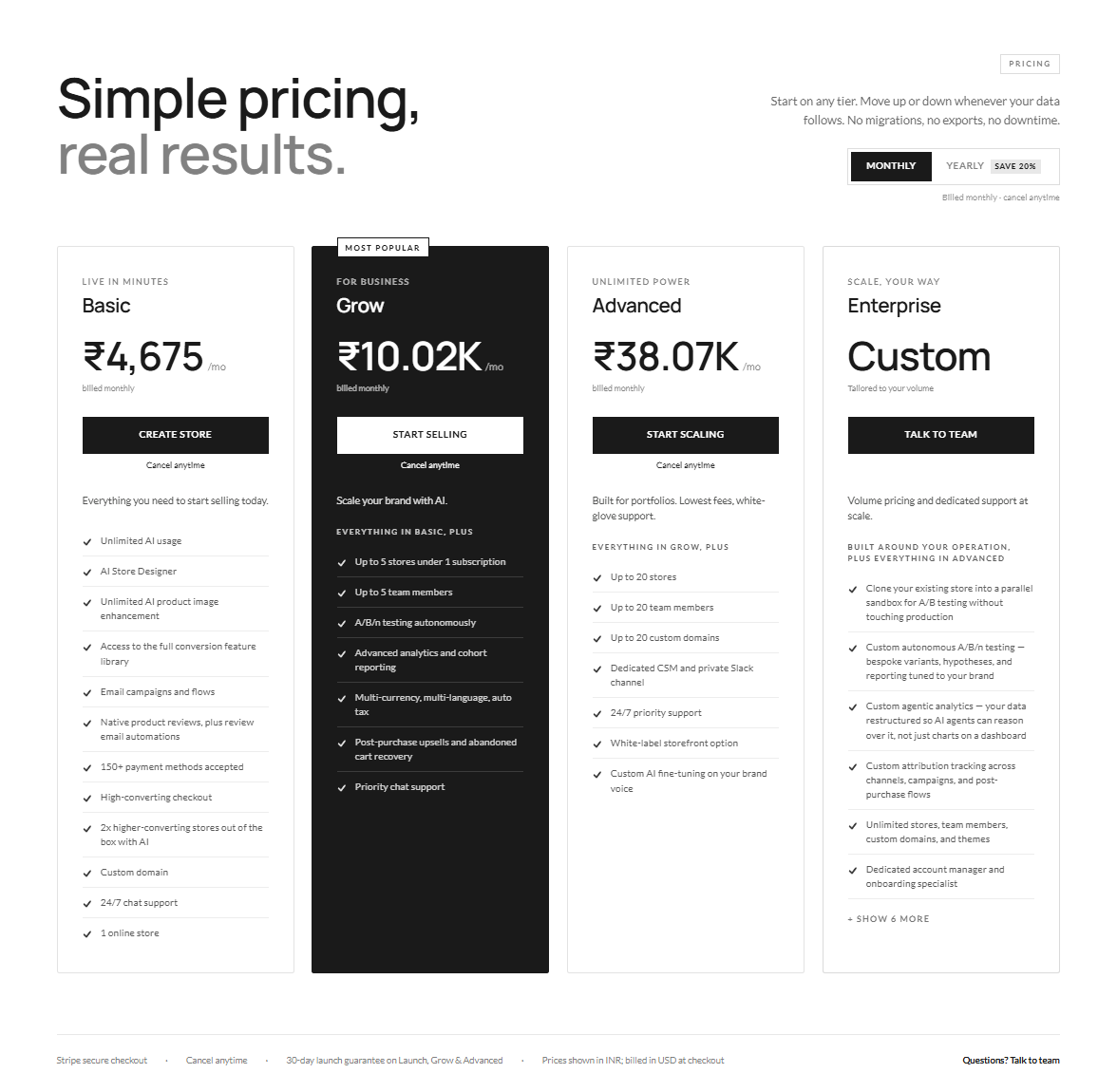 Screenshot of pricing amboras