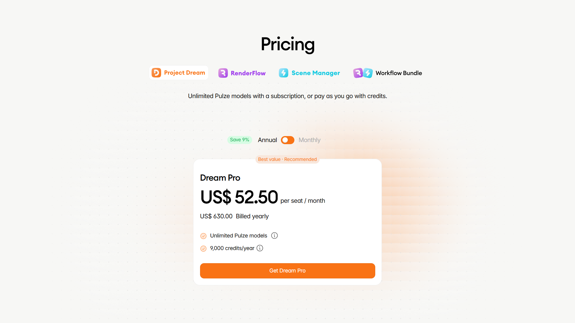 Screenshot of pricing pulze