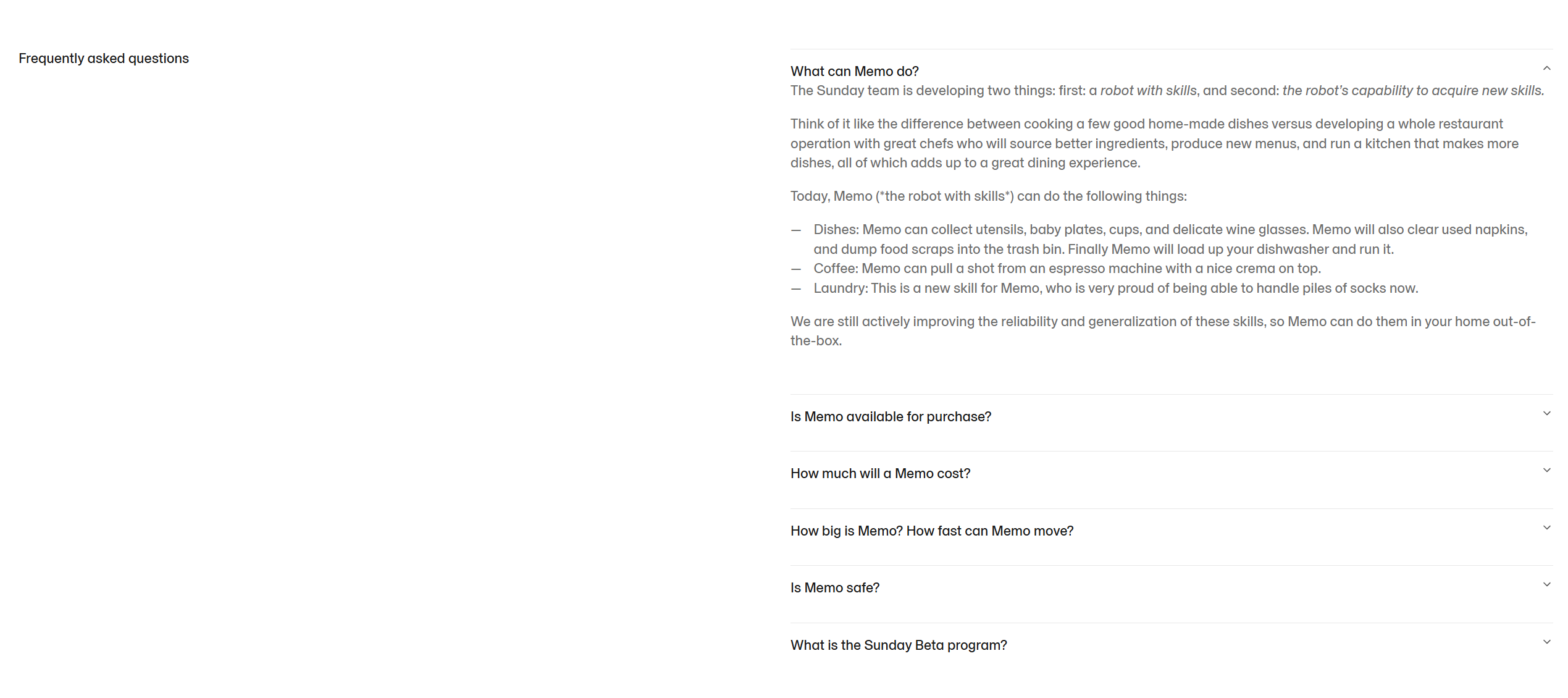 Screenshot of faq sunday robotics