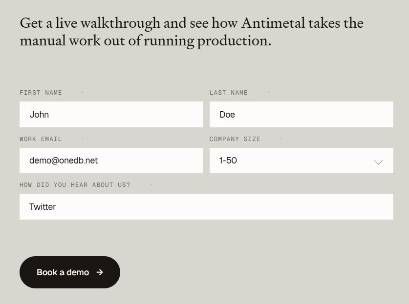 Screenshot of forms antimetal